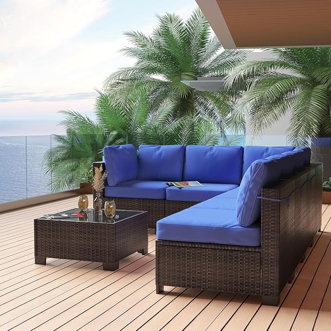 7 Piece Patio Furniture Set, Outdoor Modular Wicker Sectional Couch with Tempered Glass Coffee Table, All-Weather Rattan Conversation Set with Washable Cushions for Backyard, Garden, Deck