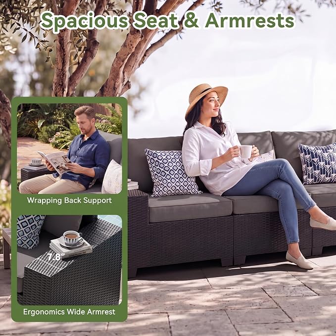 LazySunsets 12 PCS Patio Furniture Set, Outdoor Sectional All-Weather Wicker Conversation Set with Swivel Rocker Chairs, 4'' Thick Cushions for Backyard Poolside(Crey/Black)