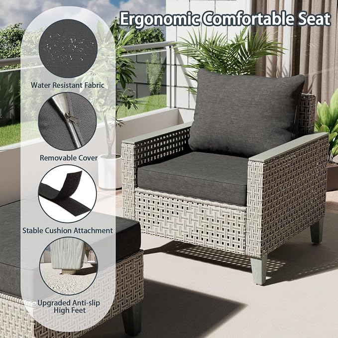 Outdoor Patio Furniture Set 14-Piece Modular Wicker Sectional Sofa with Ottomans and Thick Cushions, Modern Rattan Outdoor Conversation Couch for Garden Backyard, Black