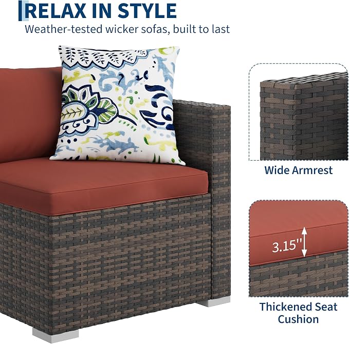 PeakPursuit Outdoor Patio Furniture Set, 5 Pieces Rattan Patio Conversation Sets with Glass Coffee Table and Cushion,All Weather Outdoor Patio Sofa for Garden, Poolside, Backyard,Orange