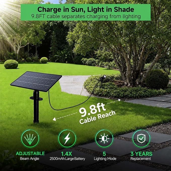 Solar Spot Lights Outdoor, Adjustable Beam Focus Uplights for Trees, Waterproof Separate Panel Bright Spotlight, LED Warm White & Daylight Selectable for House Exterior Flag 2 Pack