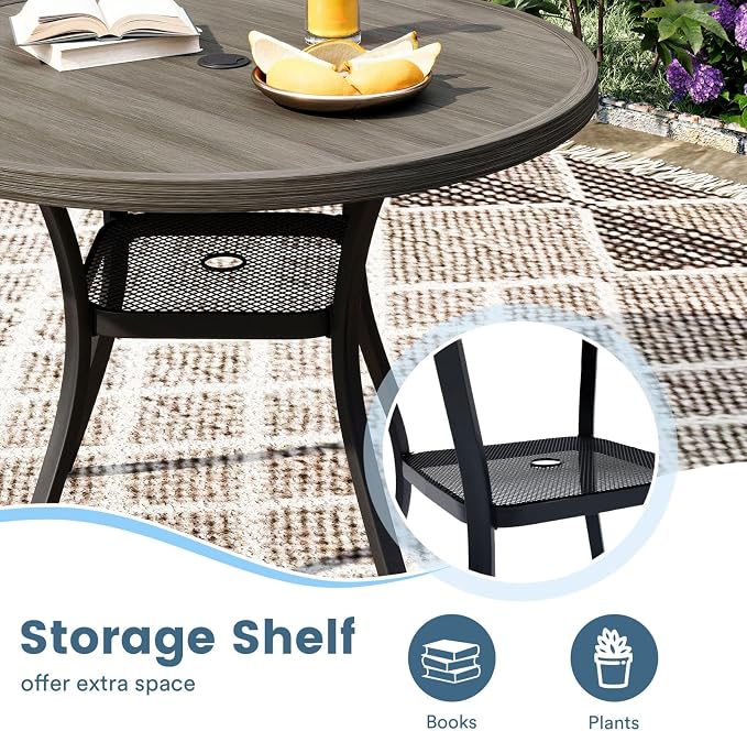 DIFY Patio Round Dining Table, 42" All Weather Round Outdoor Table with 1.57" Umbrella Hole for 4 Person, Perfect for Balcony Garden and Backyard, Grey Wood-Like