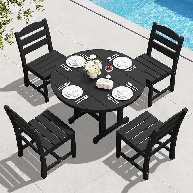 SERWALL 5-Piece Outdoor Round Dining Sets, HDPE Patio Table and Chairs Furniture Set, 45" Round Dining Table and 4 Armless Dining Chairs, Black