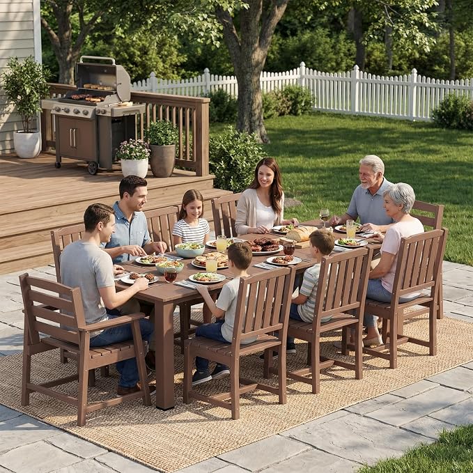 LOUNZY 9 Piece Outdoor Dining Set for 8, HDPE Patio Furniture, Brown | 75.2” table,Heavy-duty 8 person patio set, mixed chair eco-friendly HDPE, comfortable seating for large outdoor meals