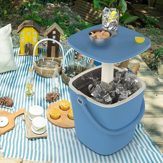 EasyUp Outdoor Cooler Table, 4 Gallon, Portable, with Handle, Bottle Opener, Lift Top Lid, 3-in-1 Ice Cooler, Cocktail Patio Table for Camping, Picnic, Beach, Poolside (Blue)
