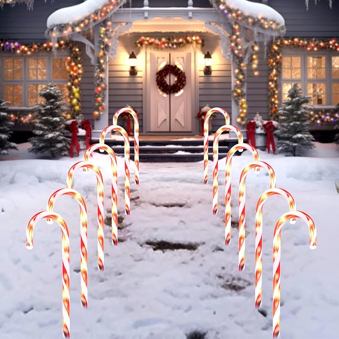 Joiedomi 12 Pcs Christmas Candy Cane Pathway Markers Lights, 12” Stakes Lights with Warm White, Waterproof Outdoor Decorations for Holiday Xmas Indoor,Yard,Patio,Garden,Walkway