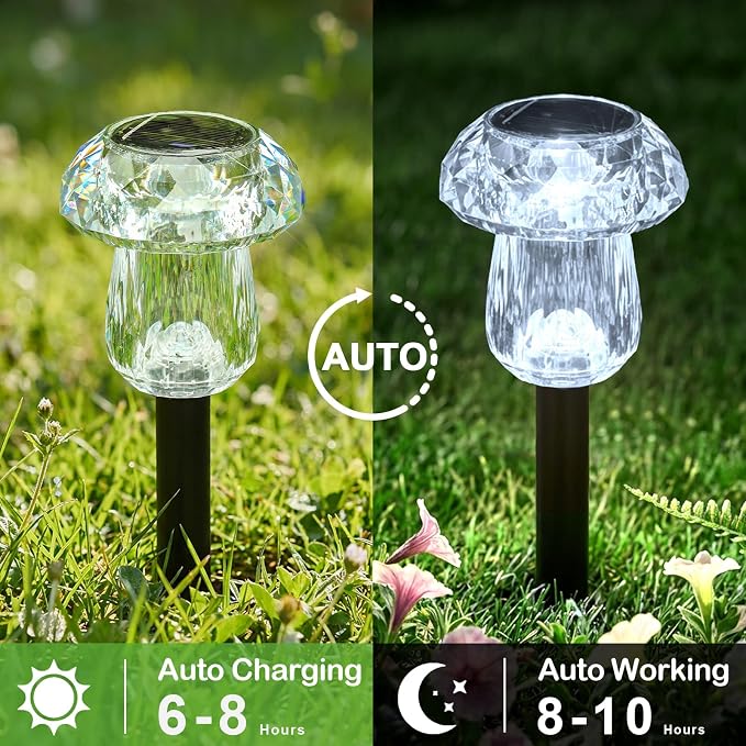 Solar Garden Lights Outdoor 8 Pack 6000K Cool White Mushroom Decor | Waterproof Pathway Outside Yard Walkway Landscape Path Lighting, LED Auto On/Off Decorations, Acrylic Diamond-like Lampshade