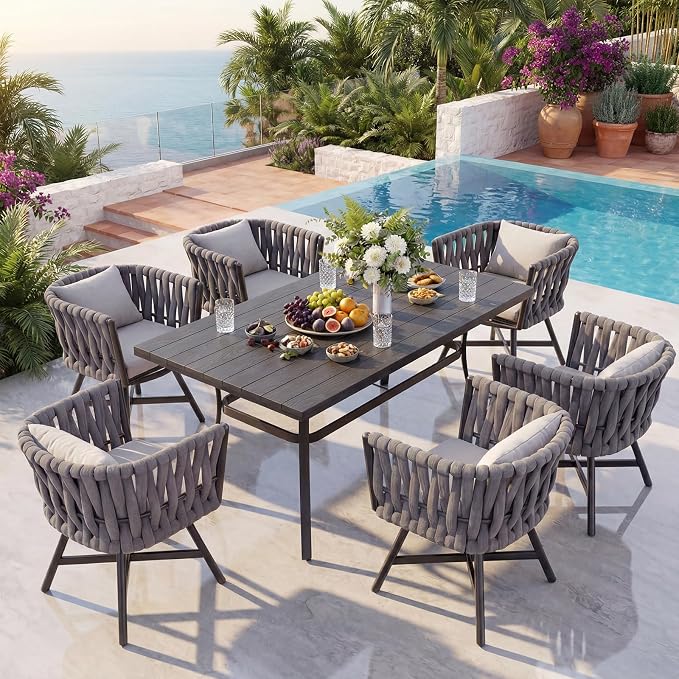 Grand patio 7-Piece Outdoor Dining Set for 6, Patio Dining Furniture Set for 6 Swivel Rope Wicker Chairs & 1 Bent Legs Rectangular Dining Faux Woodgrain Table with Umbrella Hole, Light Gray Brown