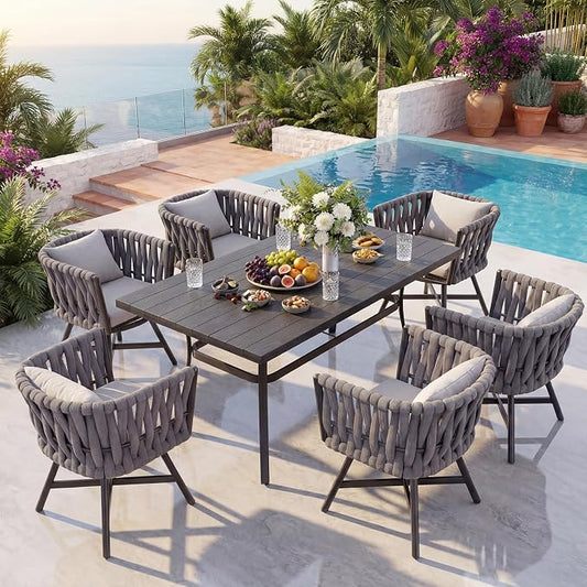 Grand patio 7-Piece Outdoor Dining Set for 6, Patio Dining Furniture Set for 6 Swivel Rope Wicker Chairs & 1 Bent Legs Rectangular Dining Faux Woodgrain Table with Umbrella Hole, Light Gray Brown