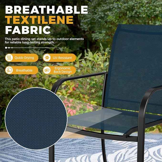 Incbruce 8 Pieces Patio Dining Set with Brown Umbrella, Outdoor Dining Set of 6 Textilene Chairs and Rectangle Table with Umbrella Hole for Backyard, Garden, and Poolside (Blue)