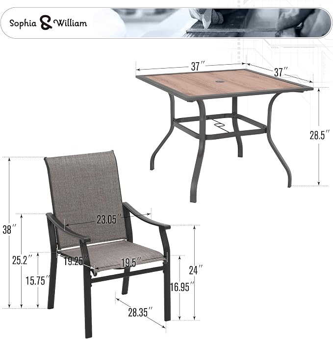 Sophia & William 5-Piece Outdoor Dining Set, 4 Comfortable Textilene Chairs and 37" Wood-like Top Outdoor Square Table, Durable All-Weather Patio Furniture for Lawn, Park, and Courtyard Support 350lbs