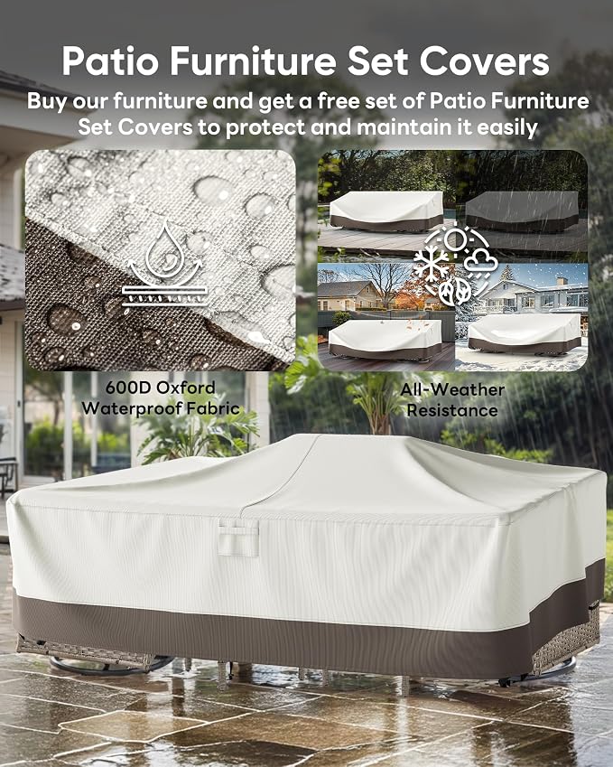 7 Pieces Patio Furniture with Fire Pit-High Back Swivel Patio Chairs Set of 4 with Outdoor Side Table Outdoor Patio Furniture Set for Deck Porch Garden Balcony Poolside-Brown/Beige