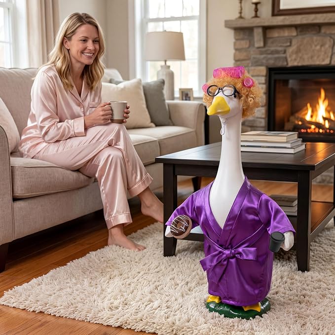 Porch Goose Robe Outfit Set for 23 Inch Goose Statue, Purple Silk Bathrobe with Wig Curlers Coffee Cup Donut Glasses, Elegant Funny Goose Clothes Decor (Purple Silk)