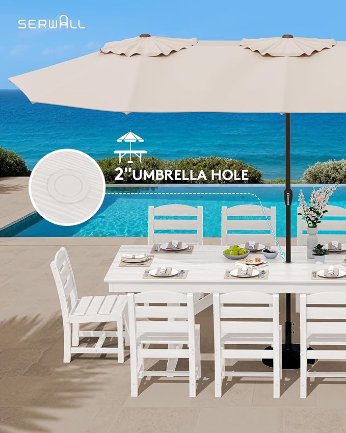 SERWALL Outdoor Large HDPE Dining Table, 84" Rectangular Dining Table for 6-8 Person, All Weather HDPE Outdoor Furniture for Backyard, Garden, White