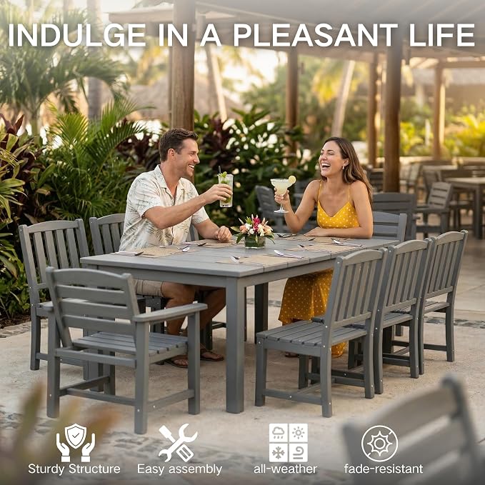 Kingdura 9 Piece Patio Dining Set for 8, 75.2'' HDPE Outdoor Dining Table Set with 2" Umbrella Hole, Weather-Resistant Outdoor Furniture, Table and Chairs Set for Backyard Pool Garden, Grey