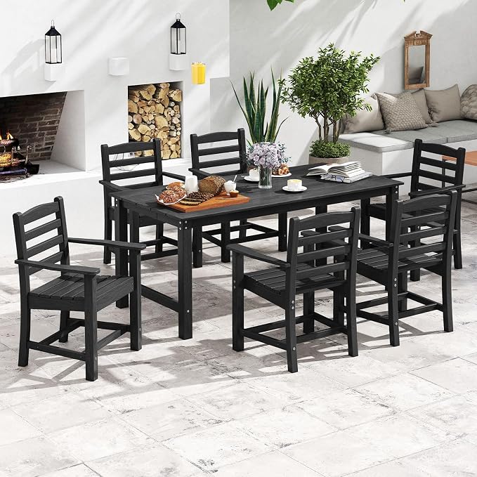 Tangkula Patio Dining Chairs Set of 4, HDPE All Weather Outdoor Chair w/Wide Armrests, Curved Seat, Wood Grain, Plastic Porch Chair for Backyard, Garden, Front Porch, Poolside (Black, 4 Chairs)