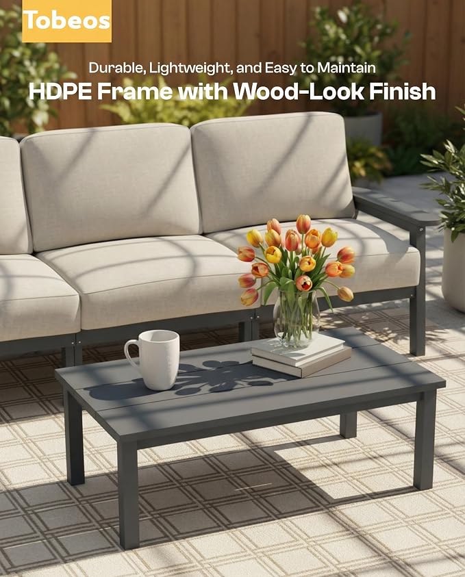 2 Piece HDPE Outdoor Furniture Set with Beige Cushions (Gray Frame) | All-Weather HDPE, Modular Design, Extra-Deep Seating, Thick Cushions, Ideal for Backyard, Deck & Porch