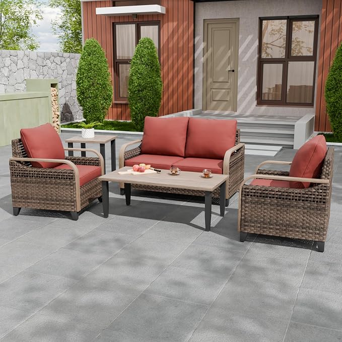 EAGLE PEAK Modern Wicker Outdoor Patio Furniture Set, Patio Conversation Set, 2 Chairs, 2-Seat Loveseat, Coffee Table and Side Table, 5 Pieces, Brown/Red