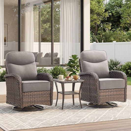 Outdoor Swivel Rocking Chair Patio Set (3-Piece), High-Back - Thick Cushion Swivel Rocking Chair Patio Set, All-Weather Wicker Patio Furniture Set, Suitable for Balcony Patios, Brown/Gery