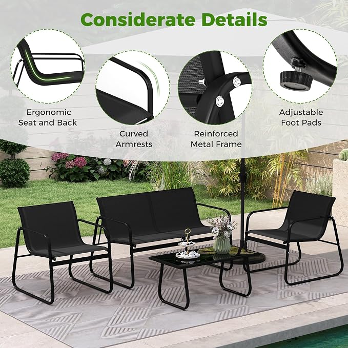 Tangkula 4 Piece Patio Furniture Set, Outdoor Metal Conversation Chair & Coffee Table Set with Mesh Seat Fabric & Tempered Glass Tabletop, Outside Bistro Set for Backyard, Porch, Poolside (Black)