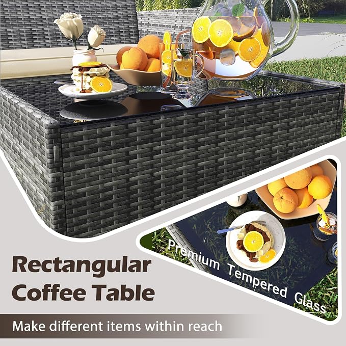 Tangkula 4 Pieces Patio Rattan Conversation Set, Outdoor Wicker Furniture Set with Cushioned Chair, Loveseat & Tempered Glass Table, Outside Sectional Sofa Set for Backyard (G-Beige,1)