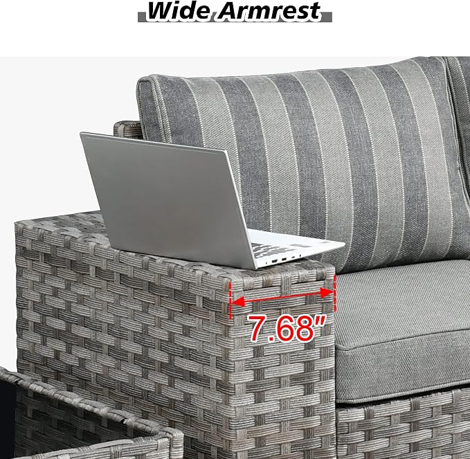 HOOOWOOO Outdoor Patio Sectional Furniture Sofa Set with Large Fire Pit Table,9 Piece Modern Wicker Couch with Swivel Chair,Modular Conversation Seating Set with Widened Armrest(Grey Strips)