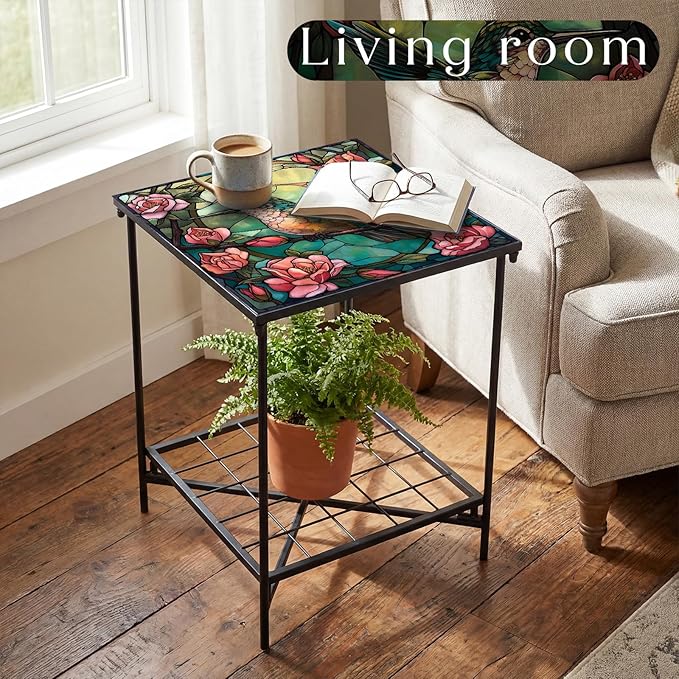 Cinnvoice Outdoor Side Table 2-Tier Storage Square Small Mosaic Patio Accent Indoor End Plant Coffee Tea Table for Yard Patio Porch Garden Living Room, Bedroom(Hummingbird Style)