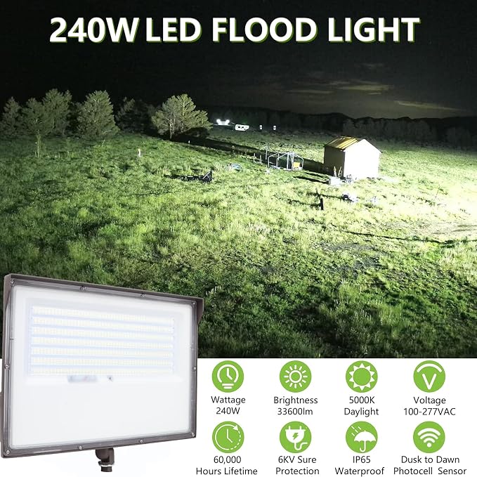 Dusk to Dawn 240W Outdoor LED Flood Light with 1/2" Knuckle Mount (Plate Included), 5000K 33600LM 100-277V, ETL Waterproof LED Security Flood Lighting for Sign/Flagpole/Tree/Yards/Advertising Boards