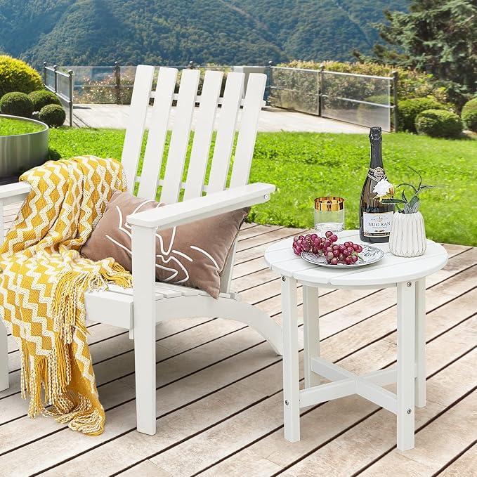 Tangkula Round Outdoor Side Table, 18" Weather Resistant HDPE Adirondack Table, Outdoor Indoor Chairside End Tables, Patio Side Table for Lawn Garden Balcony Backyard, Easy Assembly (1, White)