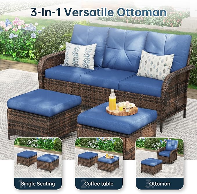 LazySunsets Luxury 12-Piece Patio Furniture Set with 44'' Fire Pit Table, 360° Swivel Chairs, Wicker Rattan Sofa & Thick Cushions, Outdoor Conversation Set for Backyard, Poolside, Brown/Navy Blue