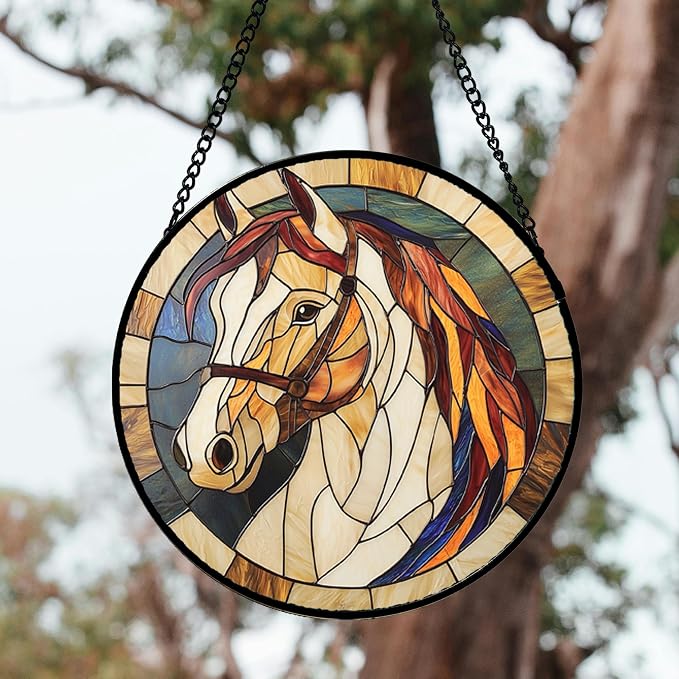 DASTOLL Stained Glass Window Hanging, Animal Horse Colored Mane Sun Catchers Glass Panel Cool Suncatcher Decor for Birthday for Women, Men, Wife, Aunt, and Mom 14.9x14.9 in