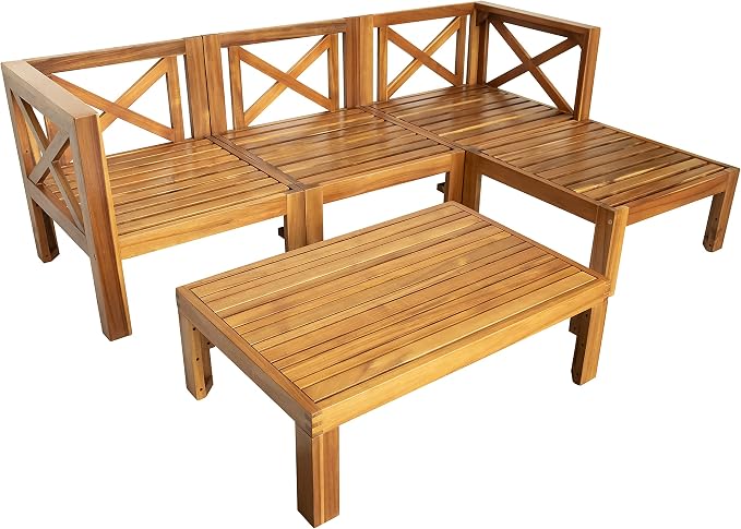 5-Piece Outdoor Backyard Patio Set, Acacia Wood Sectional Sofa Seating Group Set with Tea Table and Cushions, Conversation Furniture Set for Garden Backyard Poolside (Natural Finish+beige cushion 2)
