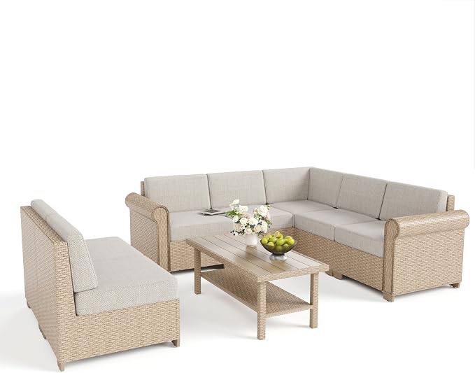 Patio Furniture Set 8 Piece, Wicker Rattan Sectional Sofa Couch with 5.5" Thick Waterproof Cushion and Coffee Table, L Shape All weather Outdoor Conversation Set for Lawn Backyard Deck, Beige