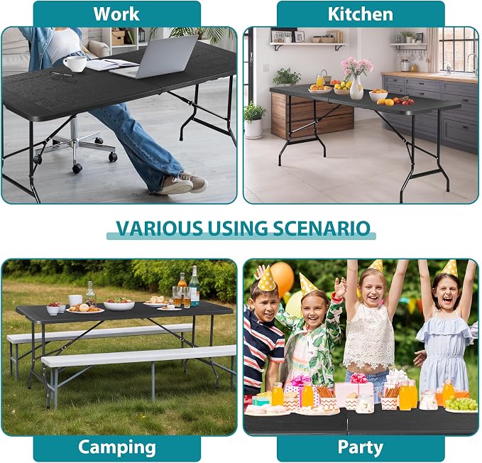 JupiterForce 6ft Plastic Folding Table, Indoor Outdoor Portable Heavy Duty Foldable Camping Table, Fold-in-Half Utility Table Dining Picnic Table for Party Wedding Event, Black