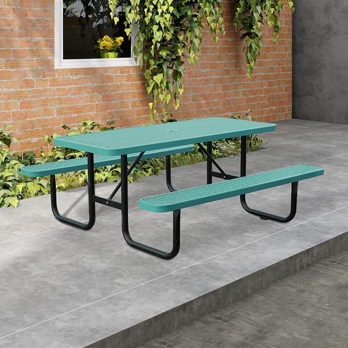 6FT Metal Picnic Tables for Outdoors, Commercial Rectangular Picnic Table and Bench Set for Outside, Patio, Garden, Backyard, Porch, Surface Mount, Green