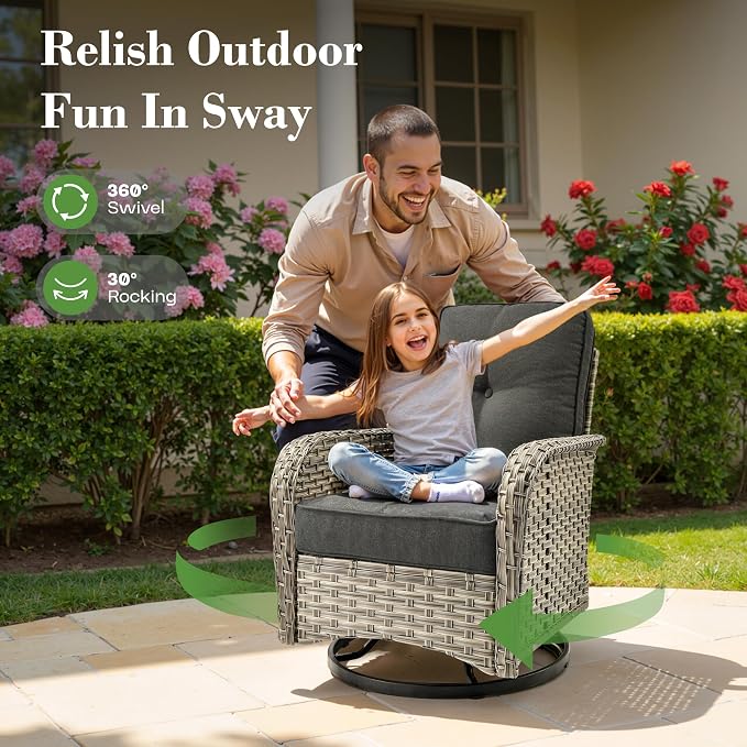 10 Piece Outdoor Patio Furniture with Swivel Rocking Chair, Rattan Wicker Conversation Set with Glowing Coffee Table, Sectional Single Chairs for Porch Balcony Backyard Pool,Black