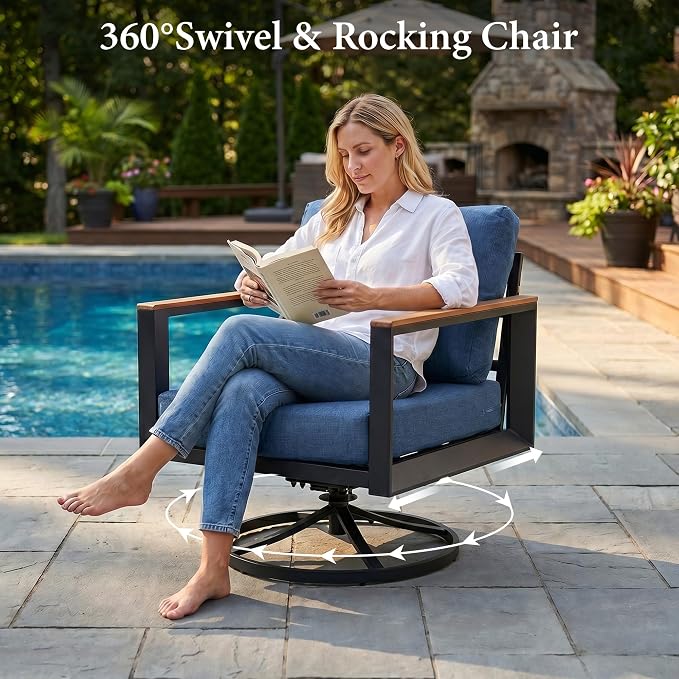 Aluminum Patio Conversation Set with Swivel Rocking Chairs, 7 Pieces Oversized Outdoor Sectional Furniture with Thick Cushions for Porch, Balcony, Yard