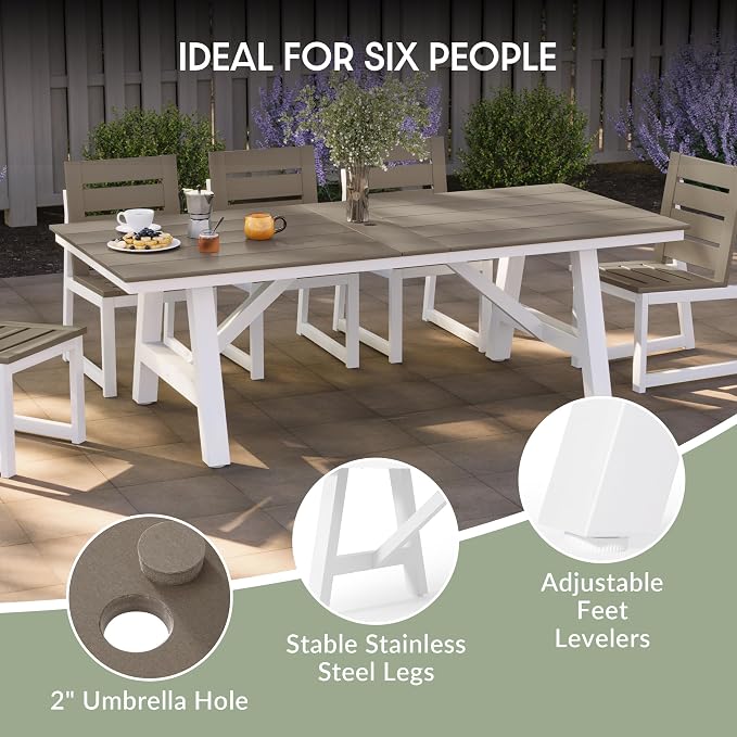 WestinTrends Cape May 9-Piece HDPE Outdoor Furniture Patio Dining Table with Umbrella Hole and Chairs Set for 8, Weathered Wood