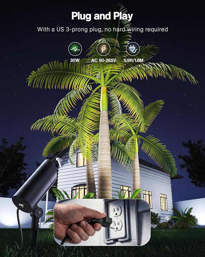 HIBOITEC 1 Pack 30W Outdoor LED Spotlight 120V 3000LM 5000K Spot Lights Waterproof Landscape Lighting for Flag Pole Tree Statue, 5.9 FT Cord with Plug