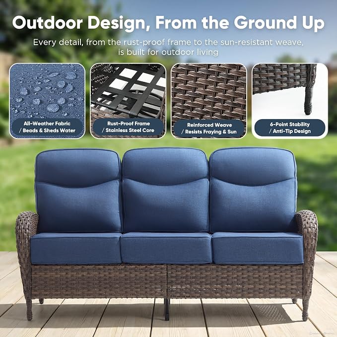 8-Piece Patio Furniture Set with Upgraded 6" Thick Cushion - High Back Outdoor Swivel Rocker Chairs with 3-Seater Sofa Set of 2,Ottomans,Wicker Outdoor Conversation Set for Deck, Porch, Yard, Poolside