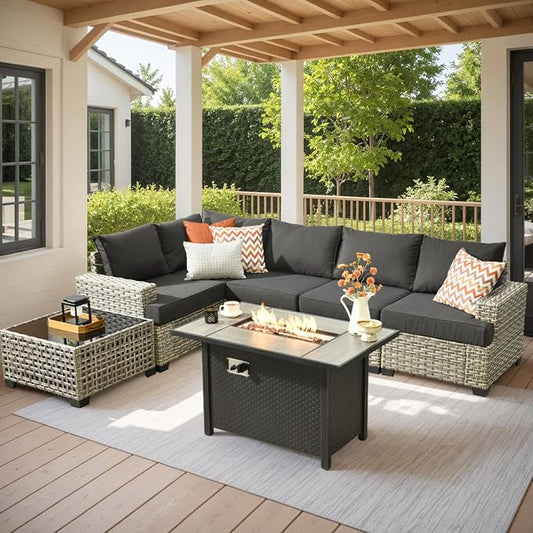 7 Pcs Outdoor Sectional Patio Furniture Set with Fire Pit Table - All Weather Wicker Modular L Shaped Outside Sectional Couch,Patio Seating Outdoor Conversation Sets for Deck Yard Garden,Black