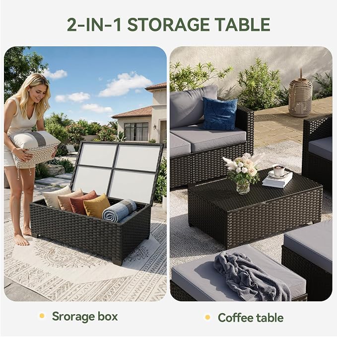 Aoxun 8 Piece Outdoor Patio Furniture Set 7 Seats, Outdoor Sectional with Waterproof Cushions, Patio Conversation Sets for Garden,Backyard, Deck, Porch, Black & Grey