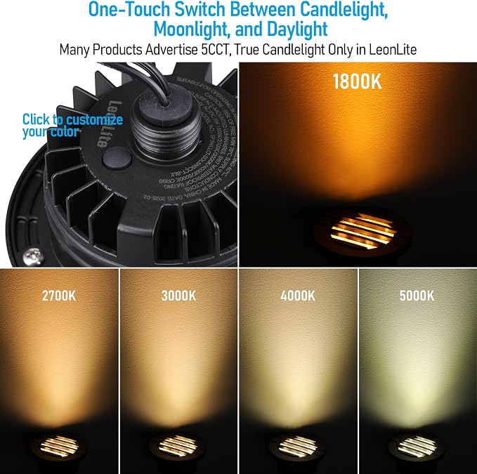 LEONLITE 6-Pack Dia. 4 Inch 5CCT Well Light Grated Top Black | 12-24V AC/DC, CRI90, 1800K/2700K/3500K/4000K/5000K, Landscape LED In Ground Outdoor, Low Voltage Garden Landscaping, Aluminum