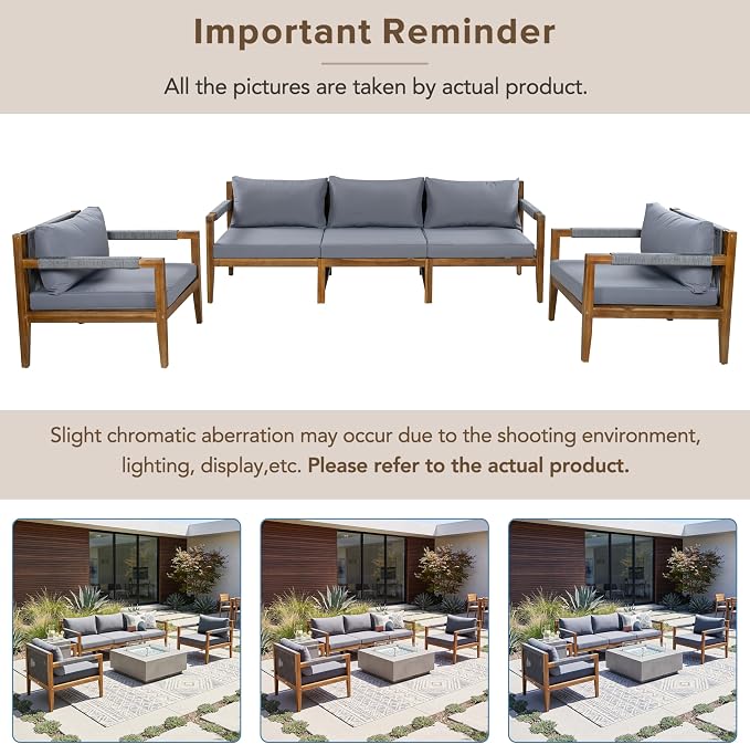 GDFStudio 3 Piece Patio Furniture Set, Acacia Wood Outdoor Sofa Set with Cushions, Rope Woven Conversation Set, 3 Seat Couch & 2 Chairs for Backyard Patio Deck Porch Garden Poolside, Grey