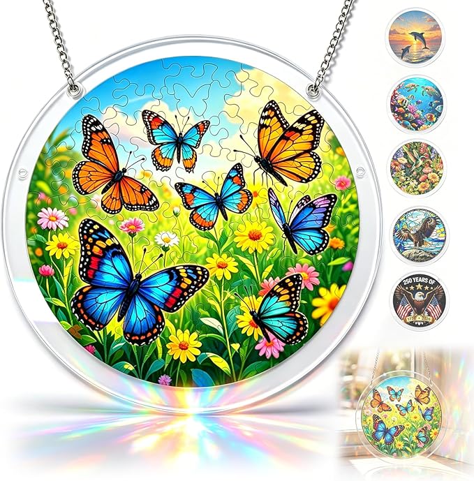 Acrylic Jigsaw Puzzle Suncatcher 7.8'',Stained Glass Suncatcher Home Decor | Butterfly Acrylic Puzzle Suncatcher,DIY Sun Catcher Puzzle Kit,Window Hanging Ornament Art,Home Garden Decor Gift for Mom