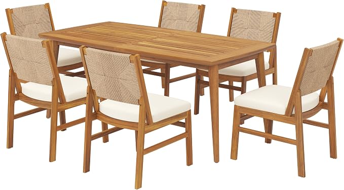 Christopher Knight Home 7 Piece Outdoor Dining Set, 71" Acacia Wood Patio Table with 6 Light Brown Wicker Chairs and Cream Cushions, Teak Finish Wood Dining Table Set for Backyard Garden Porch Deck