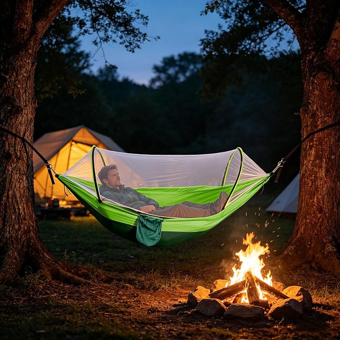 Heavy Duty Hammock with Mosquito Net–Canvas Hammock, Fade-Resistant Cotton Lounger, Roll-Free Comfort Design, Easy Setup for Backyard, Porch, Garden, Camping, Travel (Light Green)