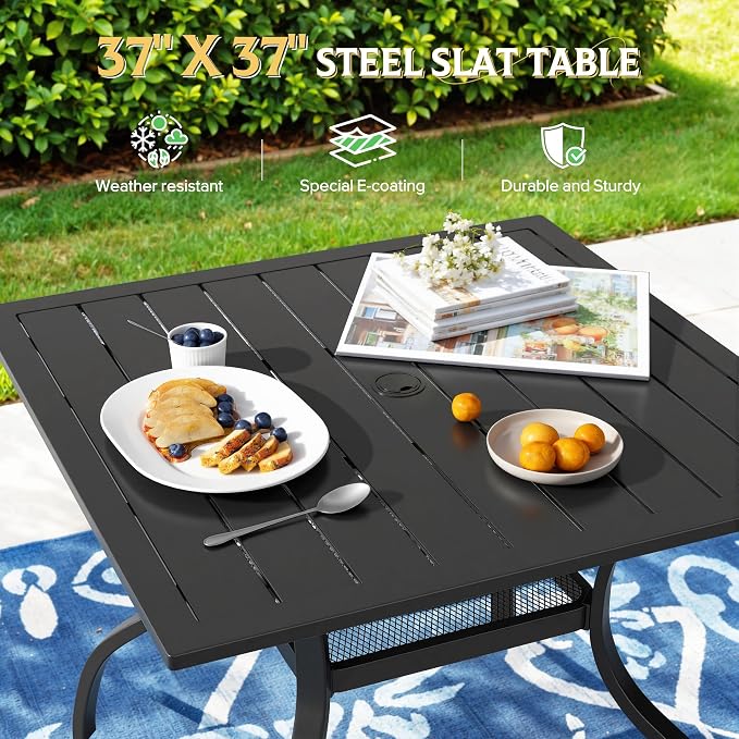 Incbruce Patio Dining Table, 37" x 37" Square Table Metal Steel Slat Table with 1.57" Umbrella Hole, for Backyards, Porches, Gardens, or Poolside