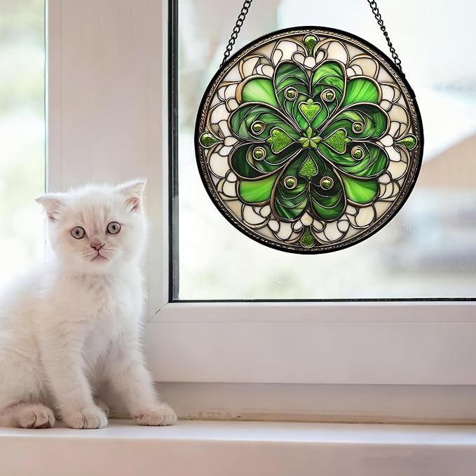 DASTOLL Stained Glass Window Hanging St. Ripak Festival Green Lucky Clover 7.8" - Suncatcher Door Garden Sun Catcher Ireland Decor Mother's Day for Mom Woman Her Men Sisters