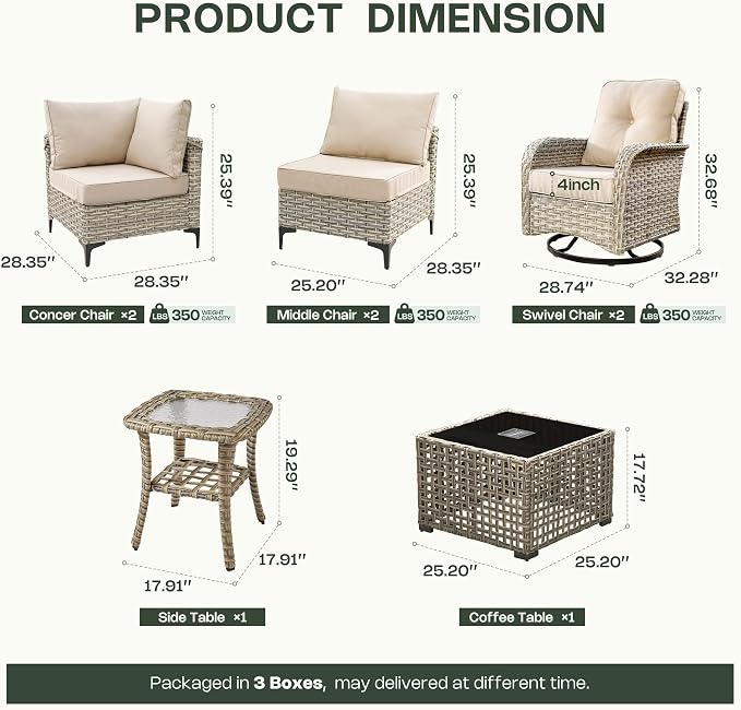 8 Pieces Patio Furniture Set, Outdoor Conversation Set with 360° Swivel Rocker Chairs, Wicker Sectional Sofa & Solar Powered Lighted Table, High Back Outdoor Furniture for Backyard Porch, Beige